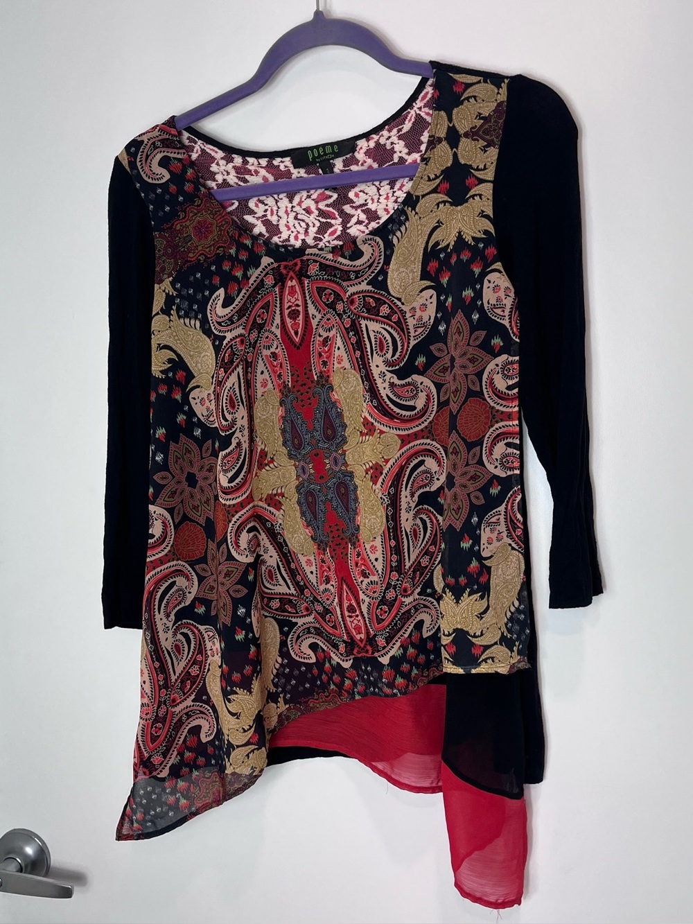 Poeme by Citron Paisley Tunic Top Black Red Lagenlook Small USA Art Teacher Boho